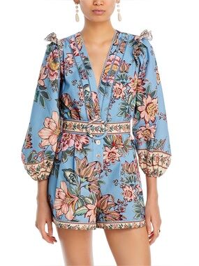 FARM Rio Wonderful Bouquet Floral Print Belted Cotton Romper, NWT 🇧🇷